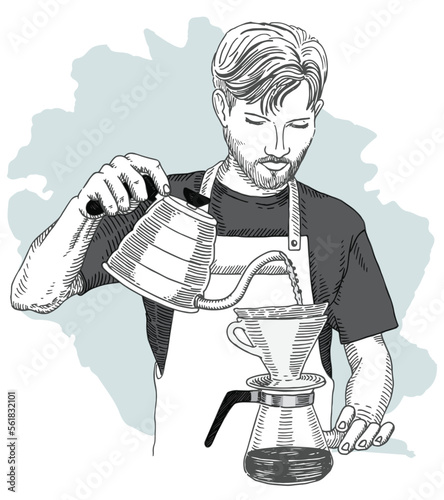 Barista making pour over brewing coffee with V60 dripper. Hand drawing vector illustration.