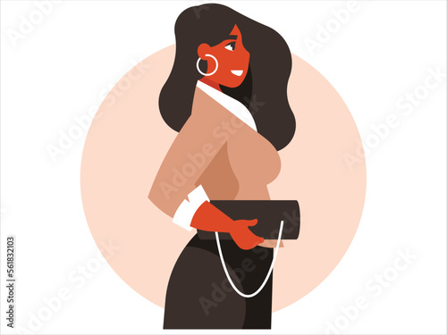 Elegant woman with a handbag. Fashionable young woman in trendy clothes. Side view. Vector graphics