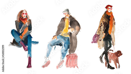 Fashionable young people in outerwear watercolor illustration