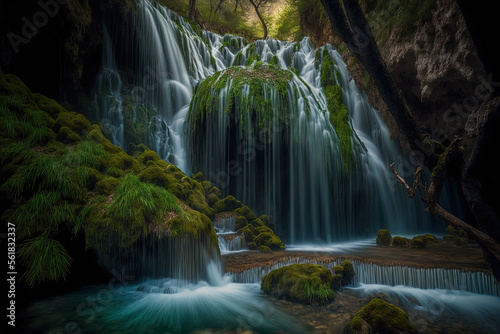 Croatian deep forest waterfall. Generative AI © 2rogan