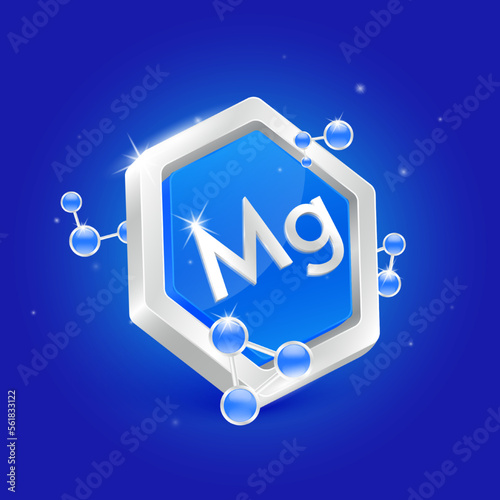 Magnesium minerals in pentagon blue shape with chemical atom molecule orbit around. 3D Logo label nutrition silver. Used for products food and medicine design. Science concepts. Isolated Vector.