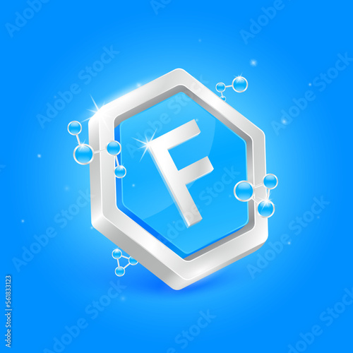 Fluorine minerals in pentagon blue shape with chemical atom molecule orbit around. 3D Logo label nutrition silver. Used for products food and medicine design. Science concepts. Isolated Vector.