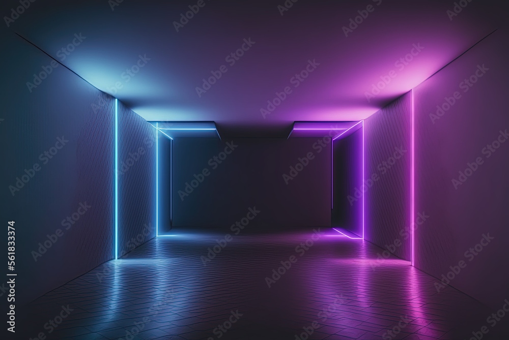 Purple and blue light shines brightly in a dark room. Generative AI. Purple and blue light shines brightly in a dark room. Generative AI.