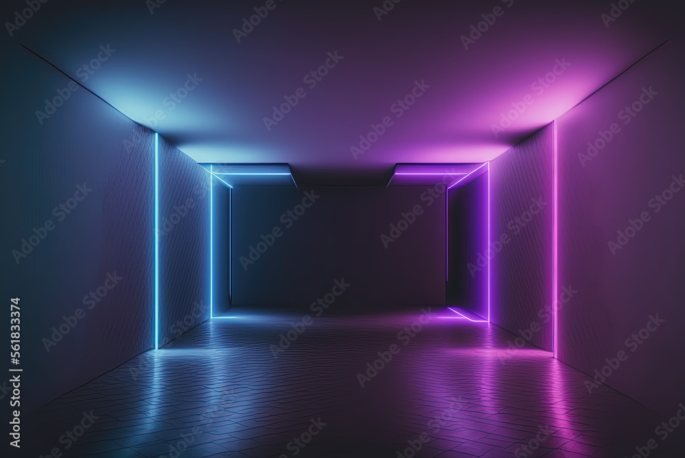 Purple and blue light shines brightly in a dark room. Generative AI.