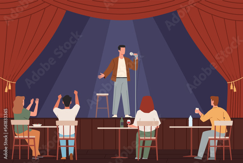 Audience in club. Artist on stage performs in public front, standup show, comedian performance, applause and laughter, theatre or club entertainment show nowaday vector cartoon flat set photo
