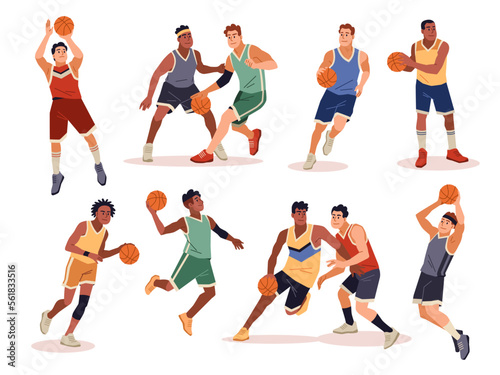 Basketball players. Athletes with ball in different poses  men handling  defense and offense  professional sport male players in uniform with orange ball  tidy vector cartoon flat set