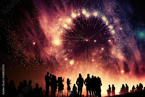 a large group of people enjoying fireworks. Generative AI