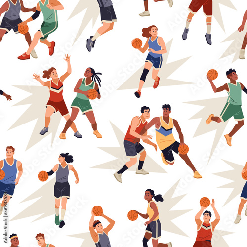 Basketball seamless pattern. Cartoon sport players characters, professional athletes in playing process with orange ball. Decor textile, wrapping paper, wallpaper, tidy vector background