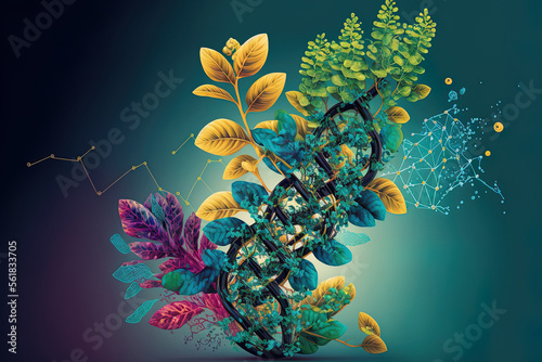 Photographie Plants with biochemistry, DNA, molecular structure, biology in medicine, and scientific abstract