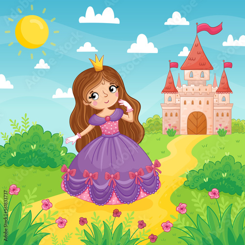 Cute little girl and princess in a purple beautiful dress stand on a background of a castle in a green meadow. Vector illustration in a cartoon style.