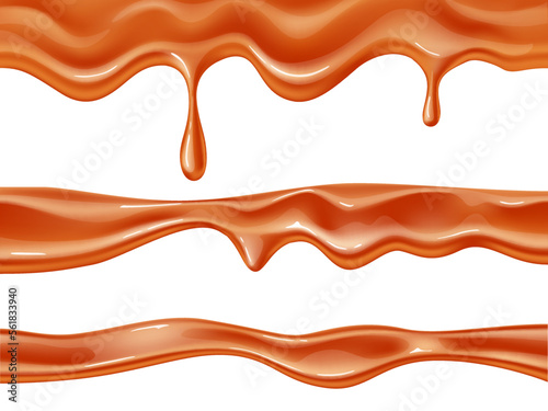 Melt caramel borders. Realistic horizontal smudges of sweet paste, sticky sugar glaze, toffee liquid, candy viscous mass, 3d isolated elements for decor, frame for poster utter vector set