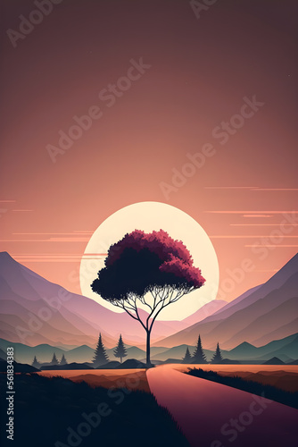 Minimalist landscape scenery wallpaper with single tree. Illustration design in 2D. Generative AI.