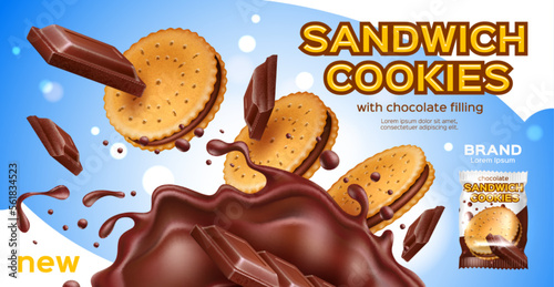 Realistic cookies. 3d falling sandwich crackers with chocolate cream layer, isolated sweet round biscuits in cocoa splashes, promo banner, bakery snack product ad, utter vector concept