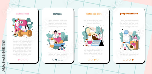 Nutritionist mobile application banner set. Nutrition therapy with healthy