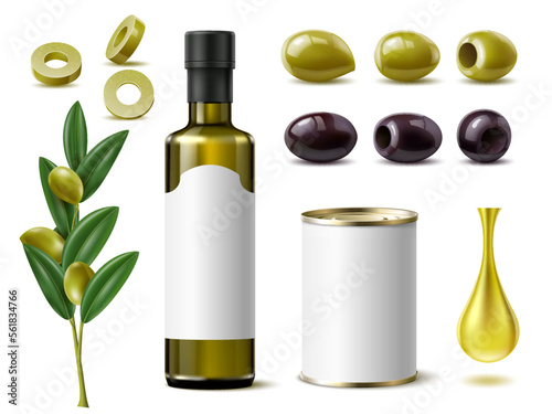 Realistic olive products. Pickled olives in white tin can, oil glass bottle, blank label, drop, farms foods, mediterranean vegetables different angles view, 3d isolated utter vector set