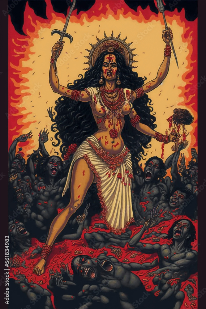 Maha Kali Deva Götting der Zerstörung verfällt dem Wahnsinn - Schrecken, Hass, Entsetzen, Grausam, Gewalt - hinduistisch religiöse Kunst für Poster, Hintergründe, T-shirts