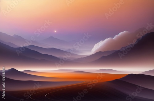 Dramatic minimalist mountain landscape with river and deep fog. Generative AI