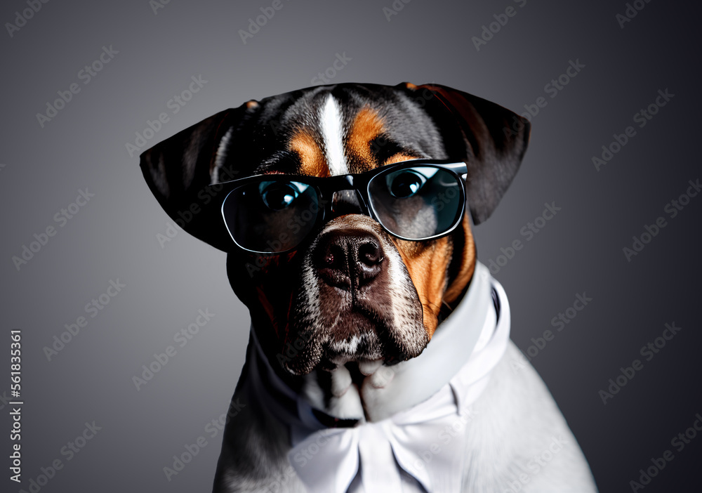 A serious bossy dog wearing tie and black glasses. Gray studio background. Generative AI