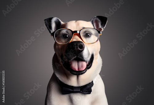 A cute happy dog wearing tie and glasses. Gray studio background. Generative AI © Maksim Kostenko