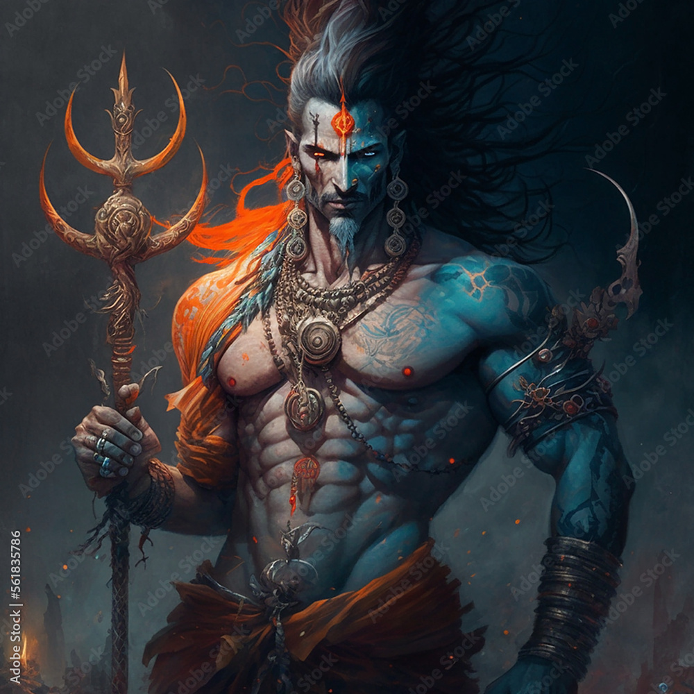 Lord Shiva Gott der Zerstörung epische Pose mit Tribuvhan für t-shirt print, poster - Religiöse hinduistische Kunst Lord Shiva Gott der Zerstörung epische Pose mit Tribuvhan für t-shirt print, poster - Religiöse hinduistische Kunst