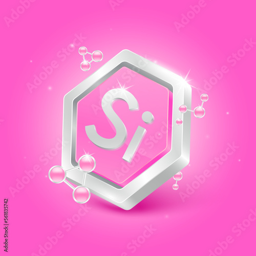 Silicon minerals in pentagon pink shape with chemical atom molecule orbit around. 3D Logo label nutrition silver. Used for products food and medicine design. Science concepts. Isolated Vector.
