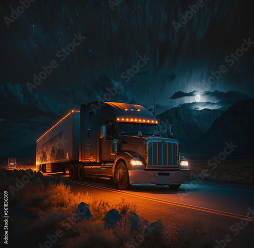 American truck driving on the road at night, Generative Art photo