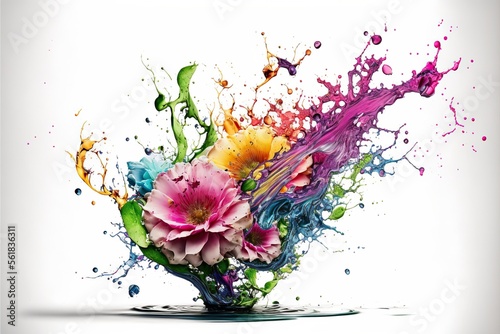 Bouquet of flowers in splashes of colorful water, on a white background, created with Generative AI technology.
