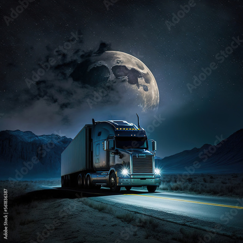 American truck driving on the road at night, Generative Art