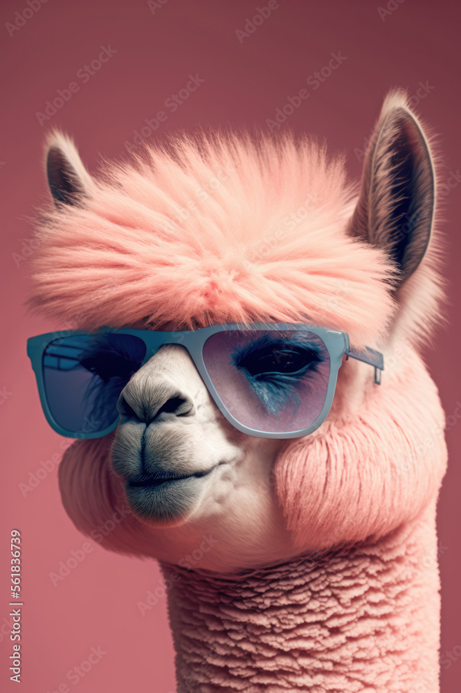 Obraz premium Pink alpaca wearing turquoise sunglasses on pink background. Generative AI