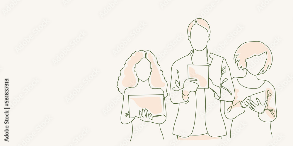 a group of people in smocks, doctors, with a tablet