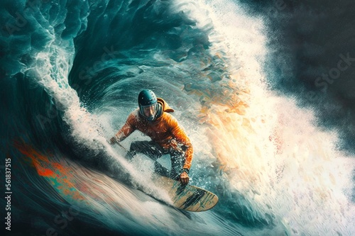 Digital illustration of a surfer surfing under a wave (Generative AI)
