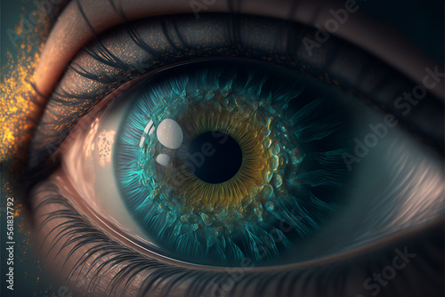 The concept of a multicolored human eye. Blue  green colors. 3d rendering