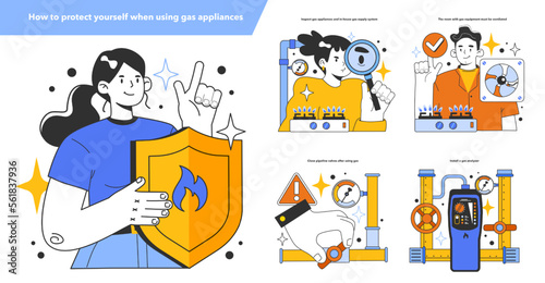 Fototapeta Naklejka Na Ścianę i Meble -  How to protect yourself when using gas appliances set. Natural gas