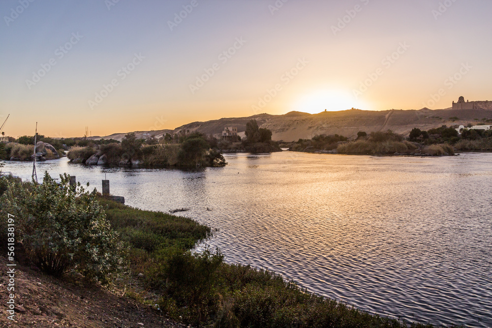 Sunset at the river Nile in Aswan, Egypt