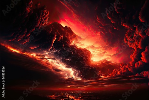 Abstract dark red background. Dramatic red sky. Red sunset with clouds. Generative AI
