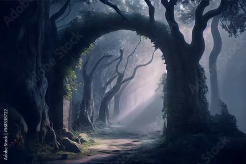 Into the deep woods, atmospheric landscape with an archway and ancient trees, misty and foggy mood