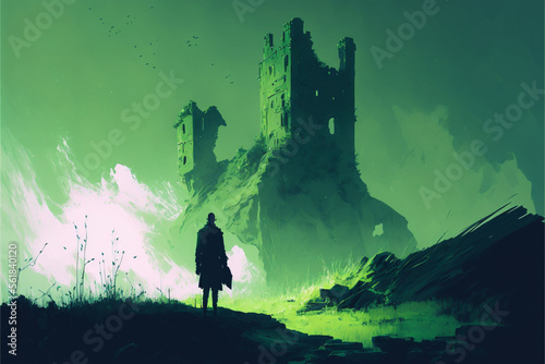 A lone warrior stands before a mysterious abandoned castle, looking up at its towering walls and spire © ROYALE