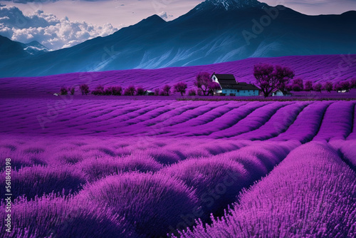 Violet lavender field in Japan. Generative AI