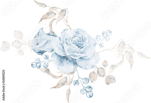 фотографія Watercolor dusty navy blue and beige floral bouquet, winter blossom flower gentl