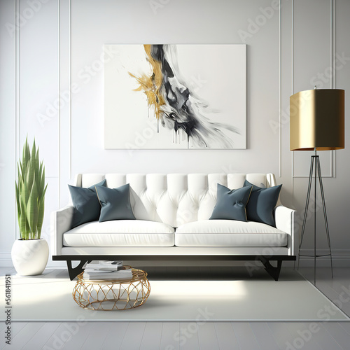 Interior white room with armchair, potted flowers, golden lamp and abstract painting on the wall, ai art