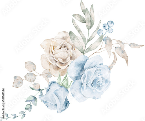 Watercolor dusty navy blue and beige floral bouquet, winter blossom flower gentle clip art, perfect for wedding invitation, baby shower, save the date, bridal shower party celebration photo