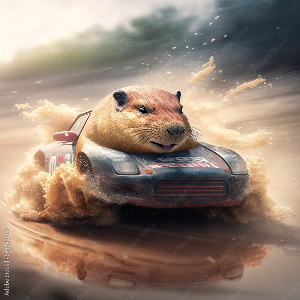 Furry capybara drifts in toyota supra, ai art Stock Illustration