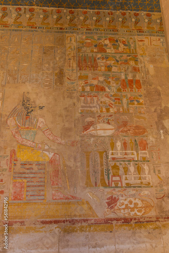 LUXOR, EGYPT - FEB 18, 2019: Anubis god in the Temple of Hatshepsut at the Luxor's West bank, Egypt