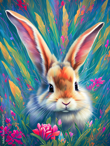 Fototapeta samoprzylepna Słodki króliczek, królik na kolorowym tle, wygenerowane przez sztuczną inteligencję