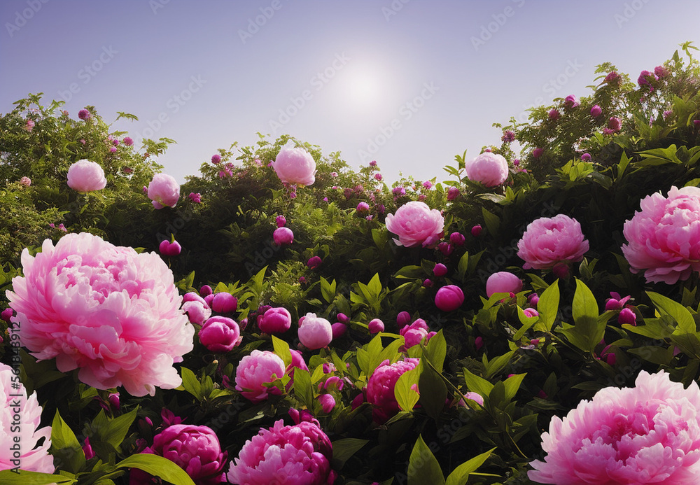 Illustration of spring and summer of blooming field with peonies in  beautiful morning light Generative AI Stock Illustration