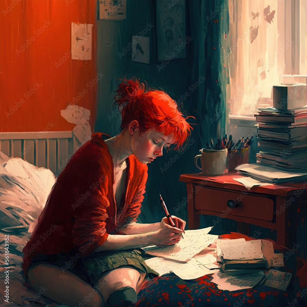 Ginger girl with short hair writes poetry in her room sitting on her bed, ai art - obrazy, fototapety, plakaty 