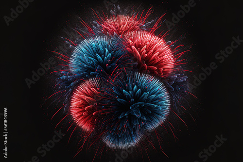 Fireworks in red and blue against a black background. Generative AI
