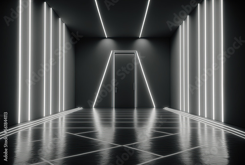  Empty clean room with neon lights. Generative AI.