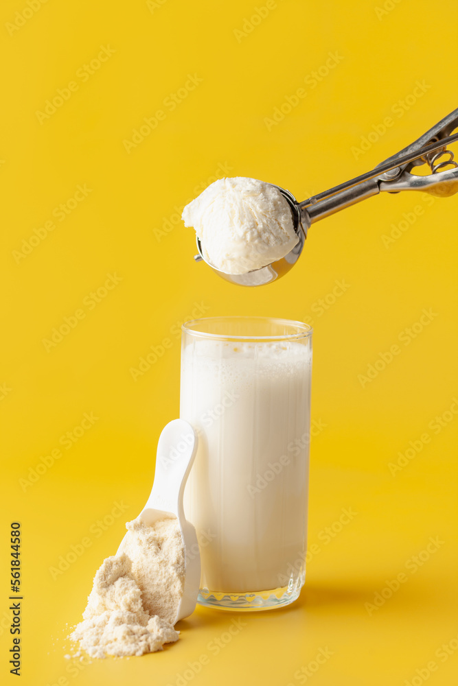 Protein sport shake, ice cream and powder. Fitness food and drink