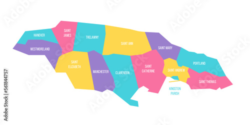 Jamaica political map of administrative divisions - parishes. Colorful vector map with labels.